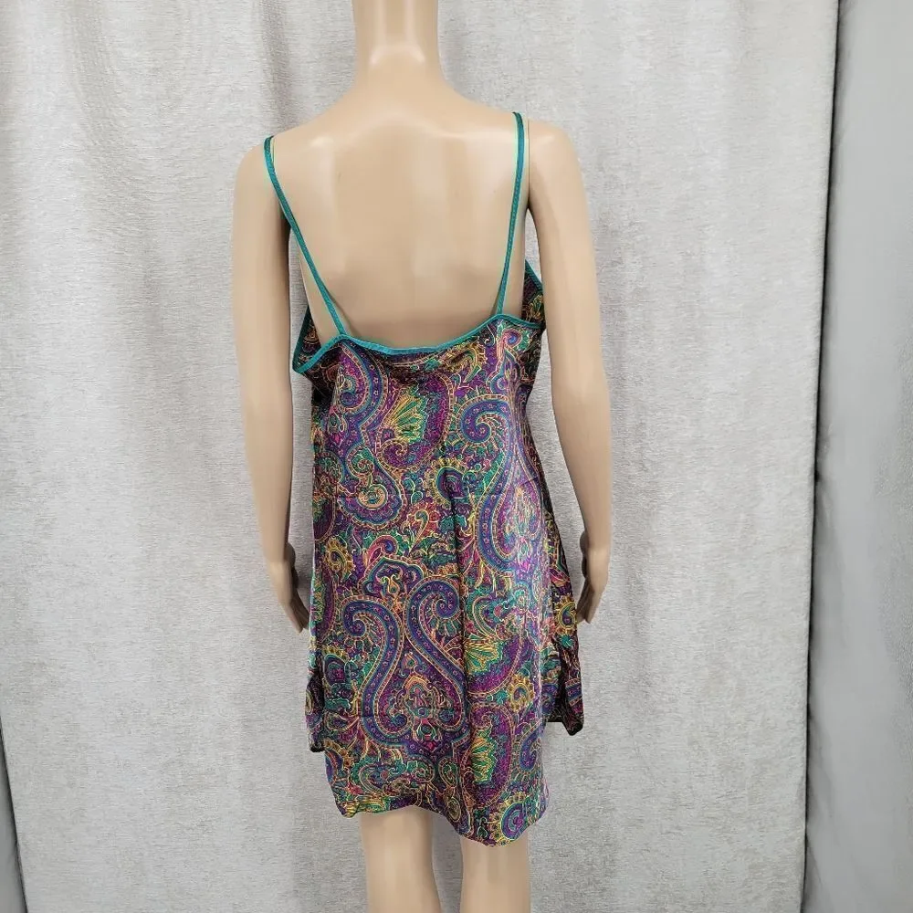 Feather Bed Vintage 90s Vibrant Paisley Satin Slip Dress and Robe Purple Teal